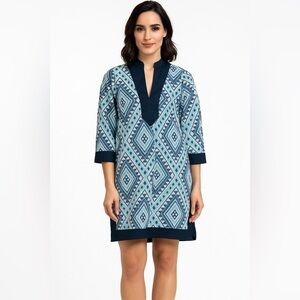 New Chelsea Gunn Blue Diamond print Tunic Dress V-neck beach tropical Moroccan